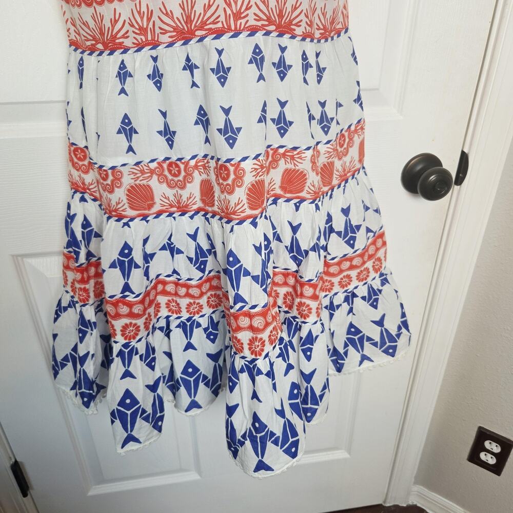 Farm Rio Dress Womens M White Blue Fish Coral Tiered Sundress Tie Strap Beach - Picture 3 of 15